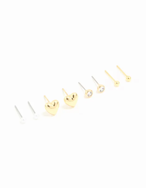 Waterproof Gold Plated Stainless Steel Cubic Zirconia & Heart Stud Earrings 4-Pack sold by lovisa