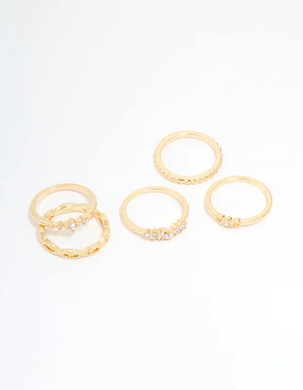 Gold Plated Diamante Rings 5-Pack sold by lovisa