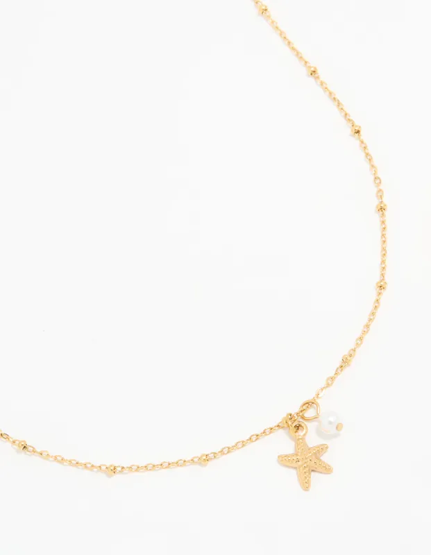 Waterproof Gold Plated Stainless Steel Pearl & Starfish Dainty Necklace sold by lovisa