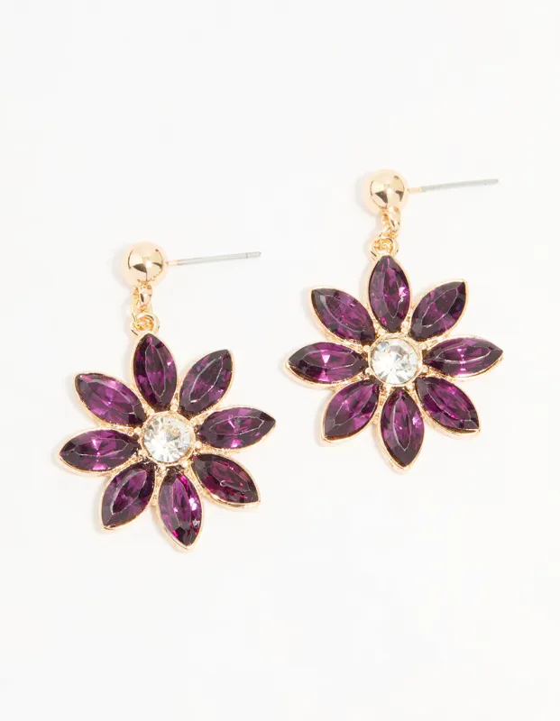 Gold Purple Diamante Flower Drop Earrings sold by lovisa