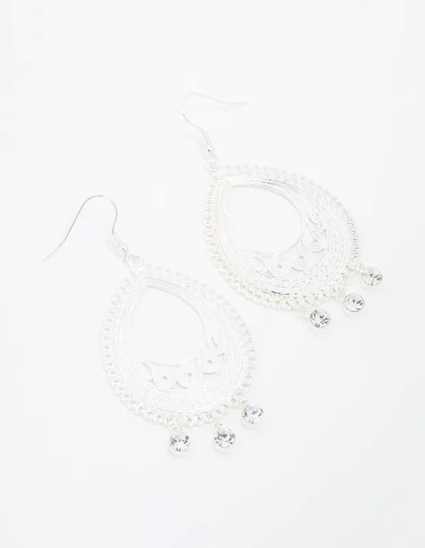 Silver Diamante Filigree Oval Drop Earrings sold by lovisa