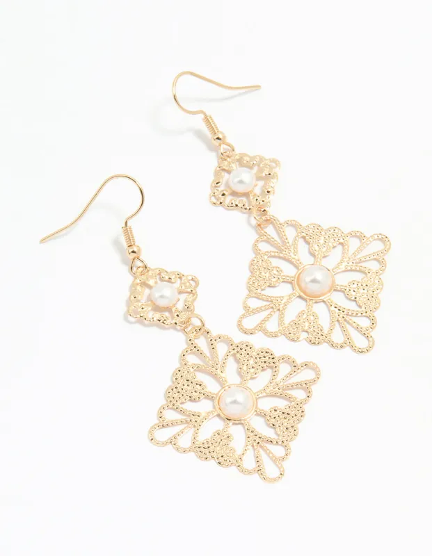 Gold Pearl Filigree Tiered Drop Earrings sold by lovisa