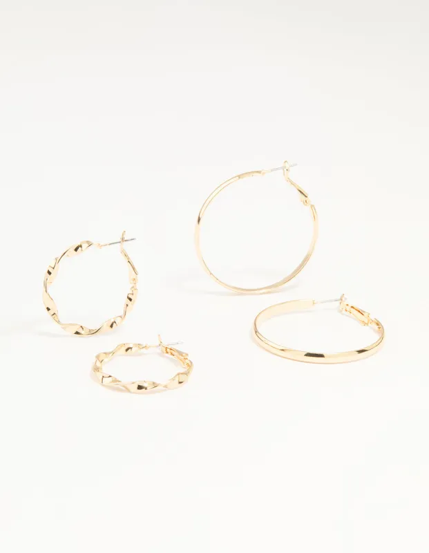 Gold Twisted & Plain Hoop Earrings 2-Pack sold by lovisa