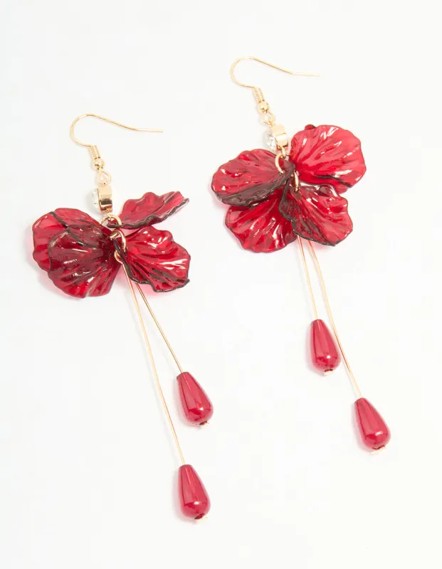Gold Red Beaded & Diamante Flower Drop Earrings sold by lovisa