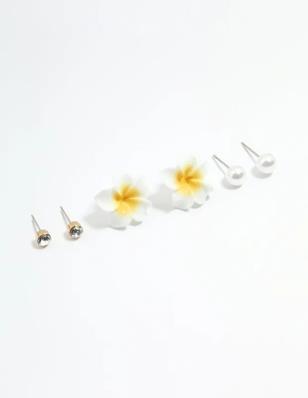 Silver Diamante Pearl & Frangipani Earrings 3-Pack sold by lovisa