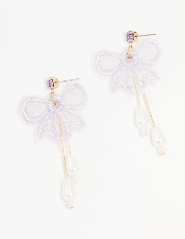 Gold Pearl Mesh Bow Drop Earrings sold by lovisa