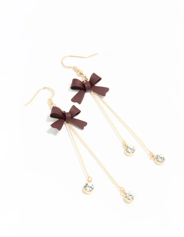Gold Diamante Brown Bow Drop Earrings sold by lovisa
