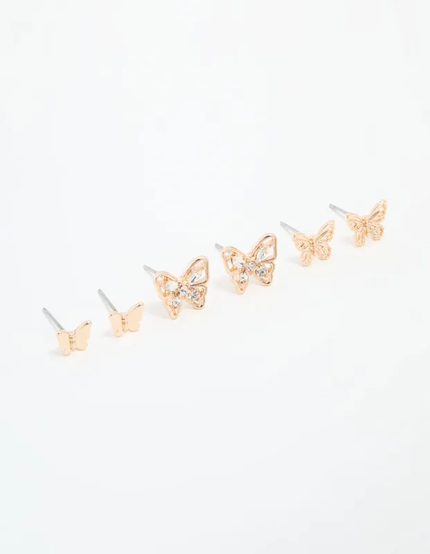 Gold Diamante & Sleek Butterfly Stud Earrings 3-Pack sold by lovisa
