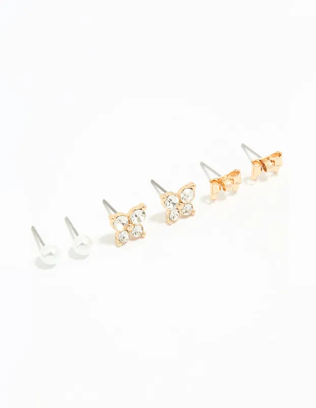 Gold Diamante & Butterfly Stud Earrings 3-Pack sold by lovisa