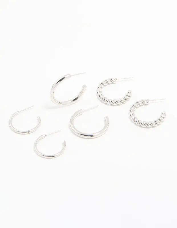 Waterproof Stainless Steel Twisted & Smooth Hoop Earrings 3-Pack sold by lovisa