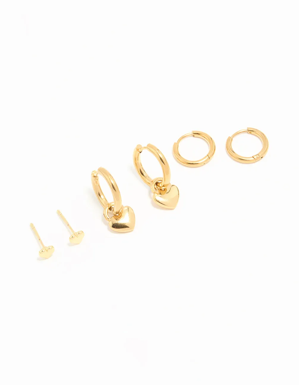 Waterproof Gold Plated Stainless Steel Heart Huggies & Classic Stud Earrings 3-Pack sold by lovisa