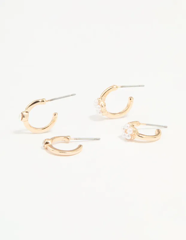 Gold Diamante Pearl Flower Hoop Earrings 2-Pack sold by lovisa