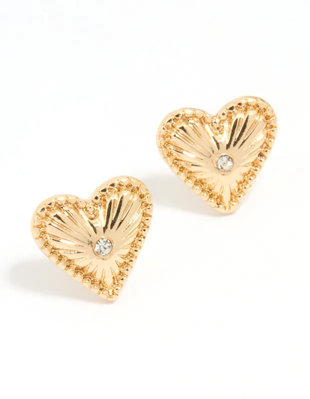 Gold Heart Diamante Stud Earrings sold by lovisa