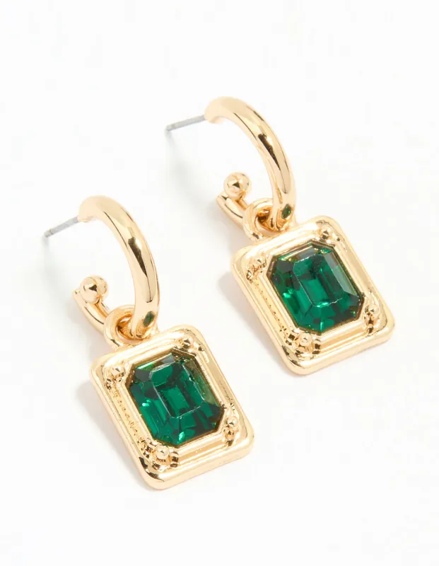 Gold Green Diamante Rectangle Drop Huggie Earrings sold by lovisa