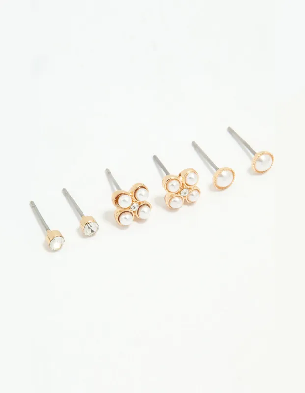 Silver Diamante & Pearl Stud Earrings 3-Pack sold by lovisa