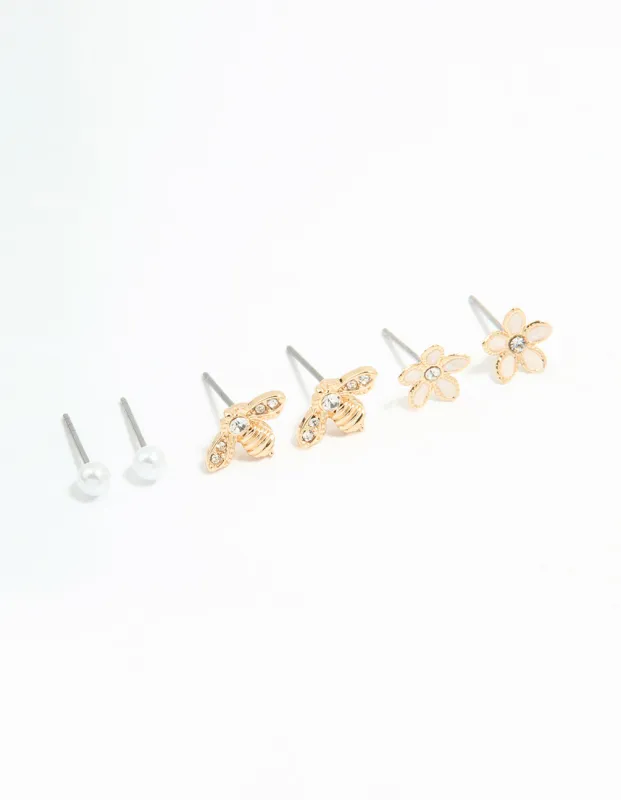 Gold Flower & Bee Stud Earrings 3-Pack sold by lovisa
