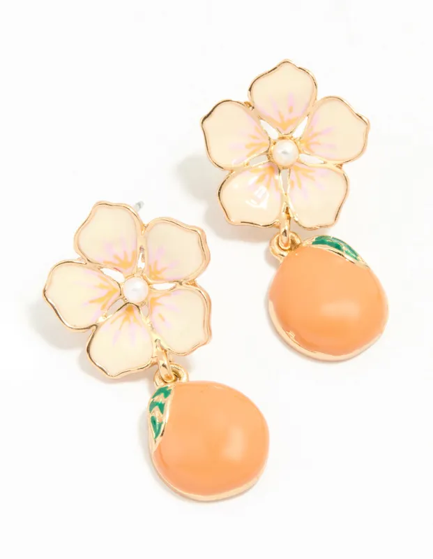 Gold Pearl Flower& Orange Drop Earrings sold by lovisa