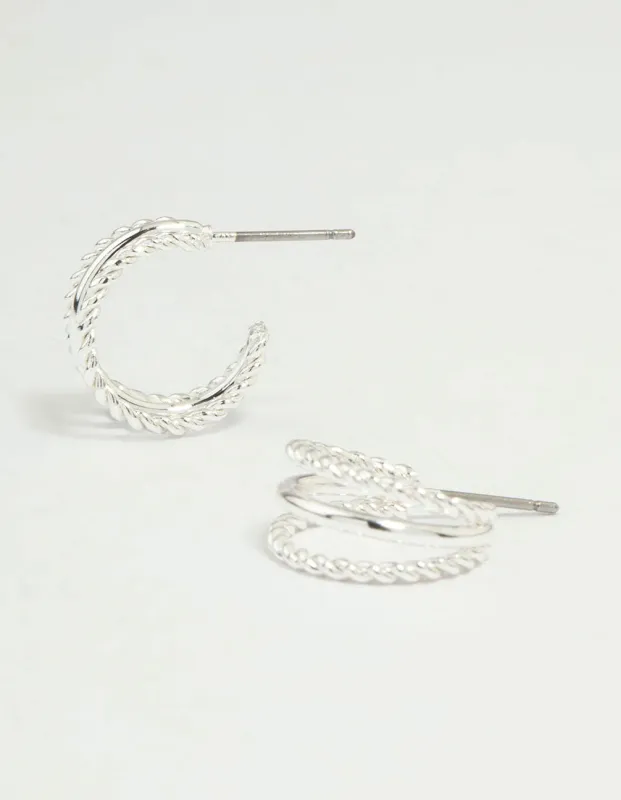 Silver Twisted & Plain Triple Hoop Earrings sold by lovisa