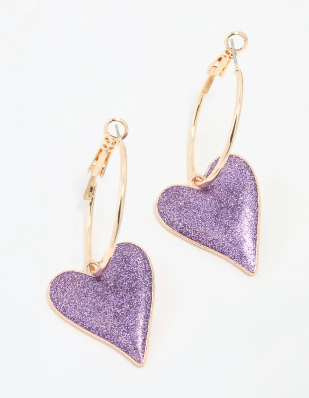 Gold Purple Sparkle Heart Drop Hoop Earrings sold by lovisa