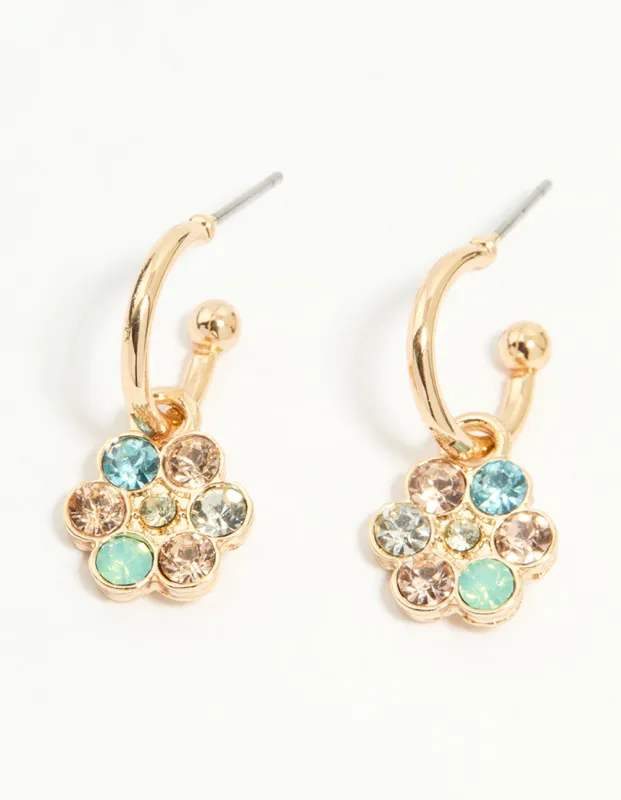 Gold Multicoloured Diamante Flower Huggie Earrings sold by lovisa