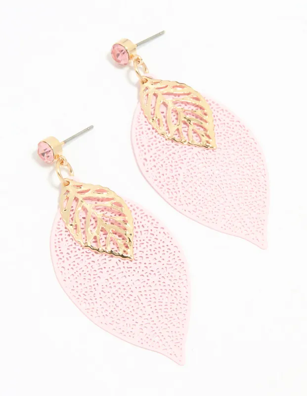 Gold Pink & Filigree Leaf Drop Earrings sold by lovisa