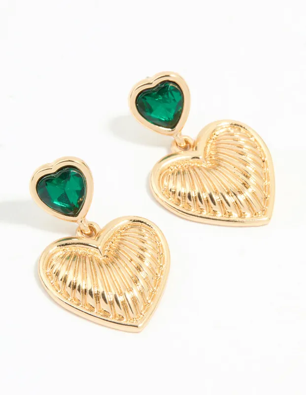 Gold Green Diamante Tiered Heart Drop Earrings sold by lovisa