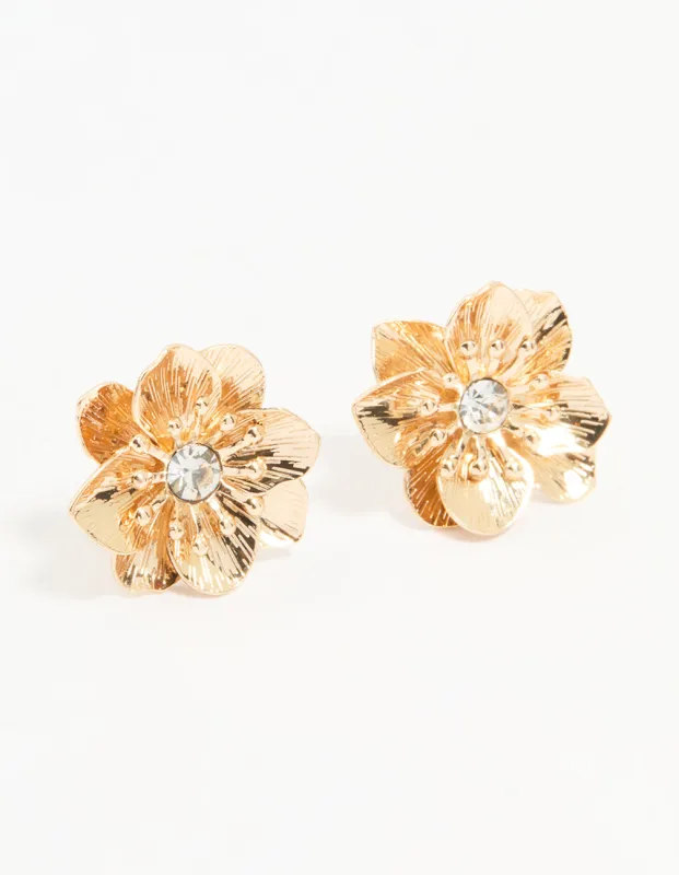 Gold Diamante Flower Stud Earrings sold by lovisa