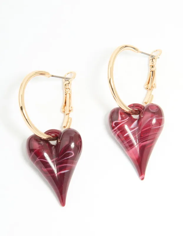 Gold Burgundy Bubble Heart Hoop Earrings sold by lovisa