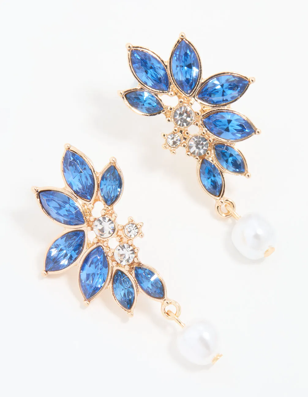 Gold Blue Diamante Pearl Marquise Stud Earrings sold by lovisa