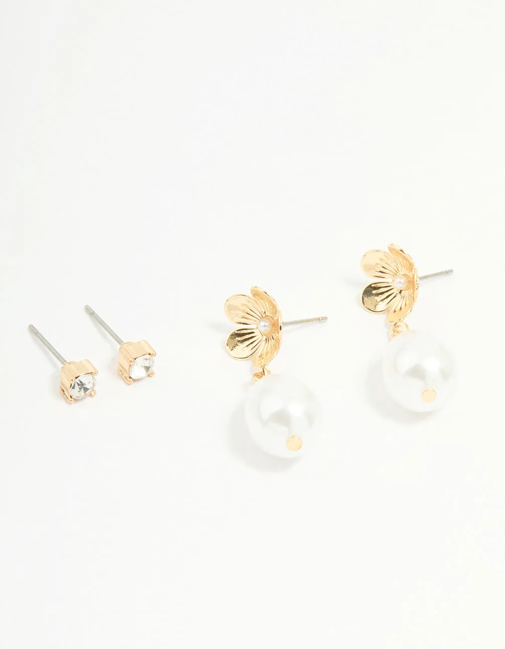 Gold Pearl Flower & Diamante Stud Earrings 2-Pack sold by lovisa