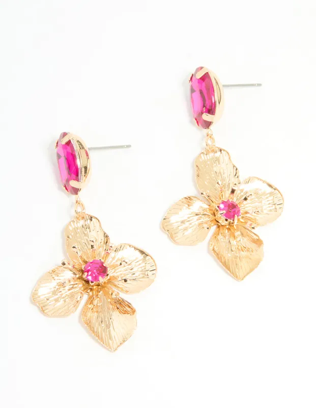 Gold Pink Diamante Hammered Flower Drop Earrings sold by lovisa