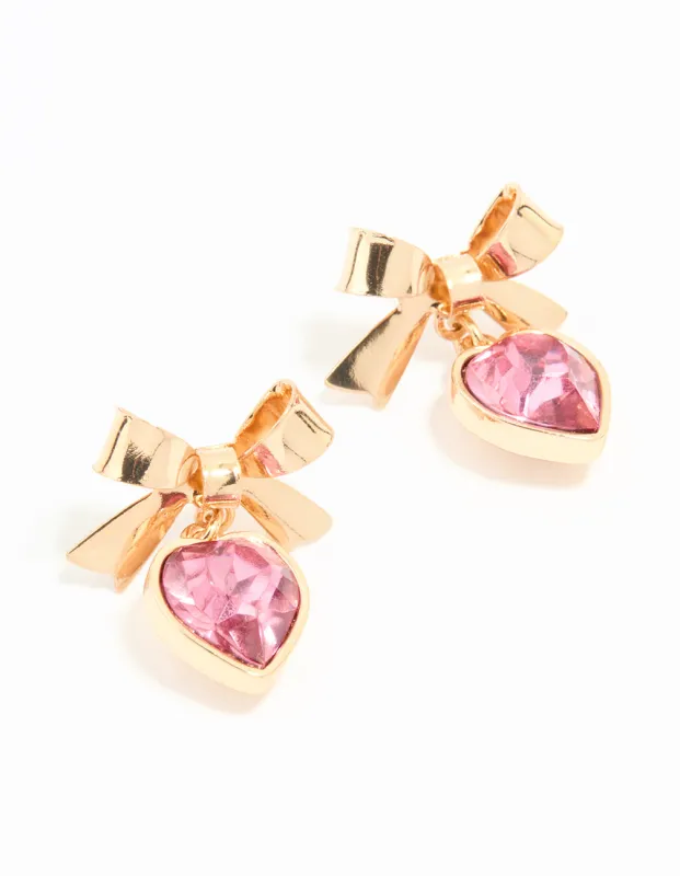 Gold Pink Diamante Heart & Bow Drop Earrings sold by lovisa