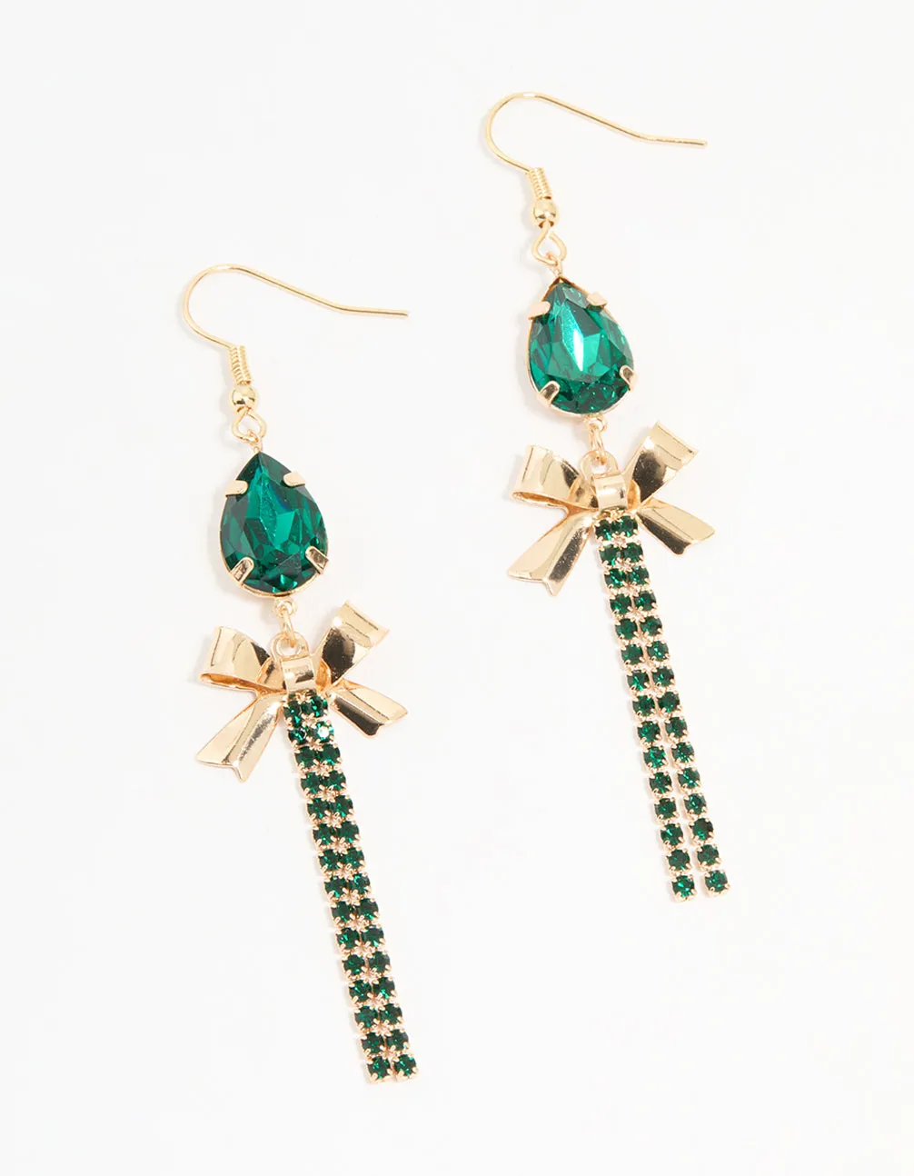Gold Green Diamante Bow Cupchain Drop Earrings sold by lovisa
