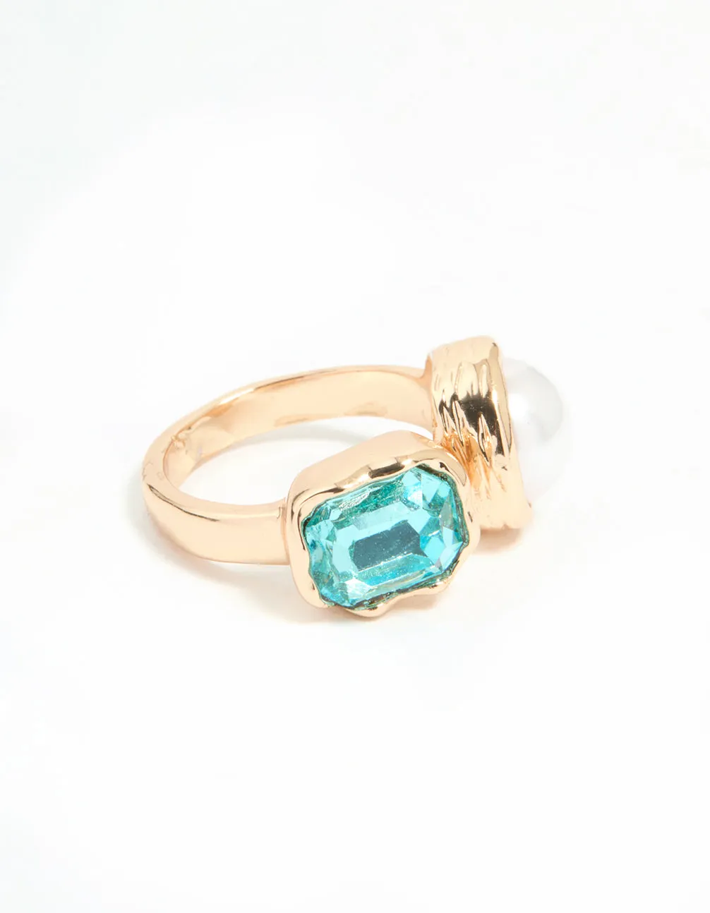 Gold Pearl & Blue Gem Statement Ring sold by lovisa