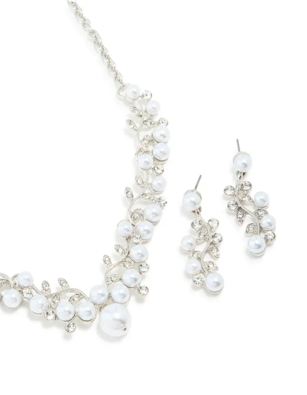 Silver Cubic Zirconia Pearl Vine Necklace & Earrings Set sold by lovisa