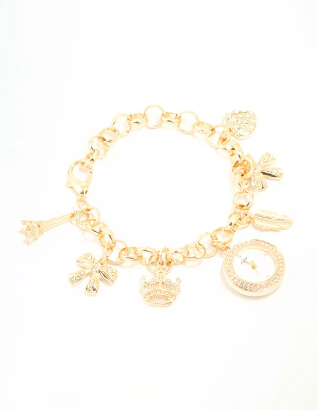 Gold Diamante Watch & Feather Charm Bracelet sold by lovisa