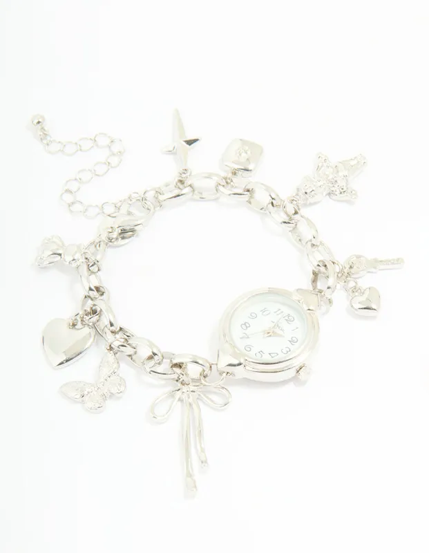 Silver Watch & Bow Charm Bracelet sold by lovisa