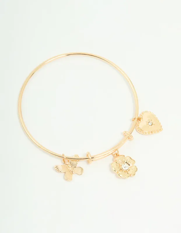 Gold Butterfly Heart & Flower Charm Adjustable Bangle sold by lovisa