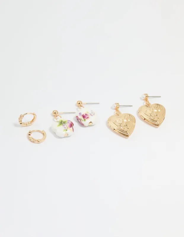 Gold Flower & Heart Locket Earrings 3-Pack sold by lovisa