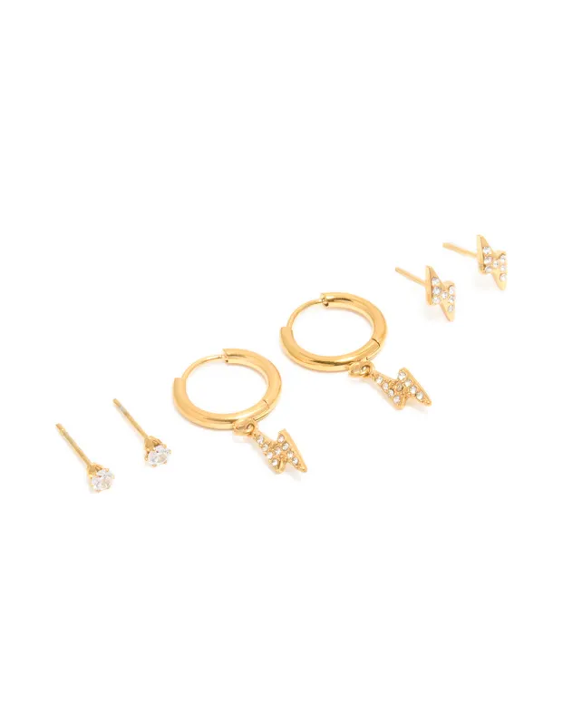 Waterproof Gold Plated Stainless Steel Cubic Zirconia Bolt Stacker Earrings 3-Pack sold by lovisa