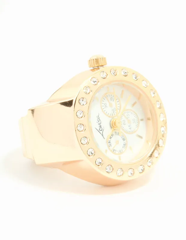 Gold Diamante Chronograph Watch Ring sold by lovisa