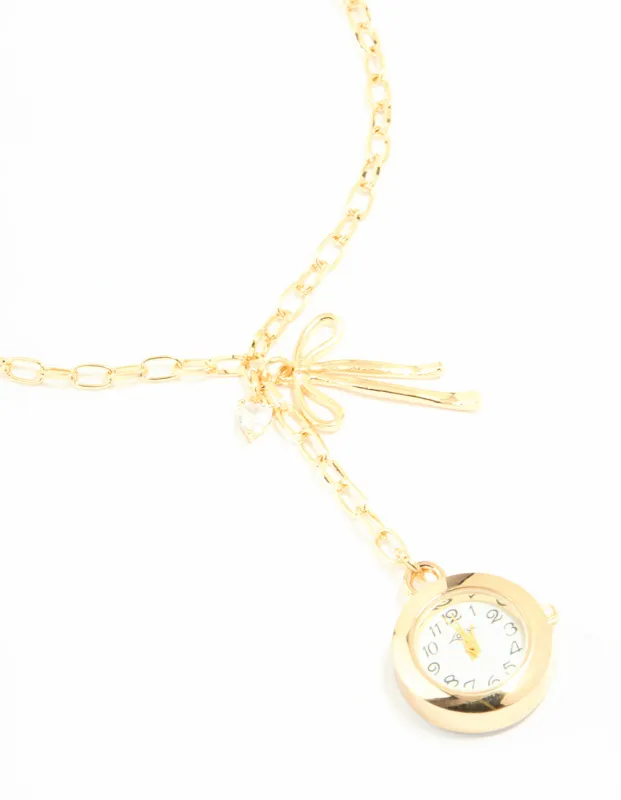 Gold Watch & Bow Charm Necklace made by lovisa