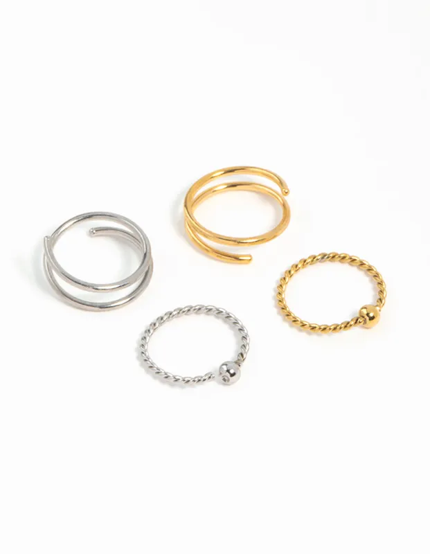 Mixed Metals Rope & Spiral Nose Rings 4-Pack sold by lovisa