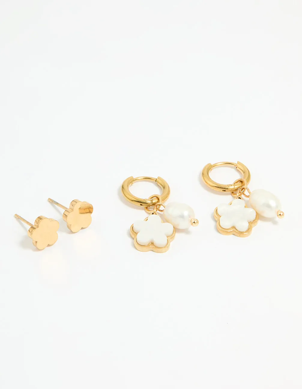 Waterproof Gold Plated Stainless Steel Freshwater Pearl Flower Earrings 2-Pack sold by lovisa