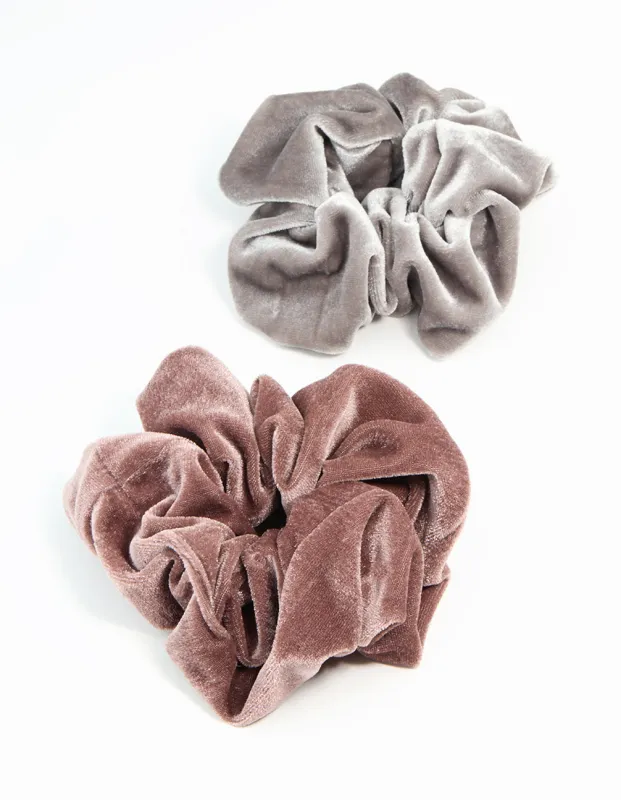 Grey & Brown Smooth Velvet Fabric Scrunchies 2-Pack sold by lovisa