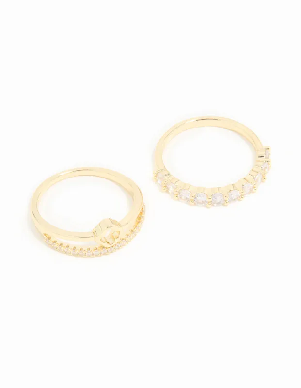 Gold Plated Cubic Zirconia Dainty Stacked Flower & Band Rings 2-Pack sold by lovisa
