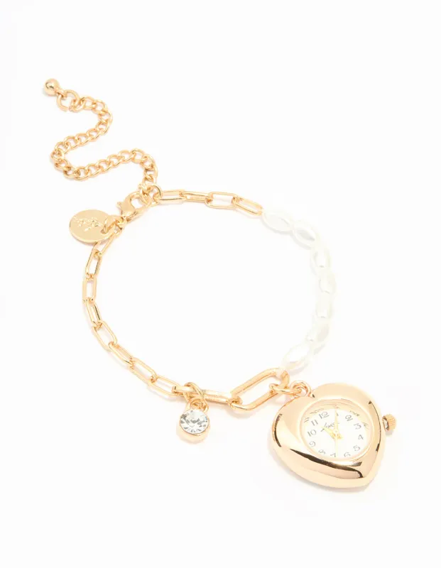 Gold Pearl Heart Watch Bracelet sold by lovisa
