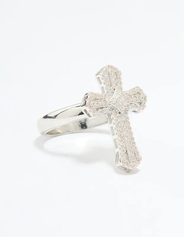 Silver Plated Cubic Zirconia Statement Cross Ring sold by lovisa