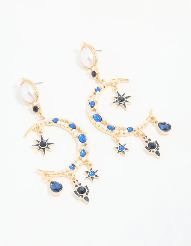 Gold Pearl Blue Diamante Celestial Drop Earrings sold by lovisa