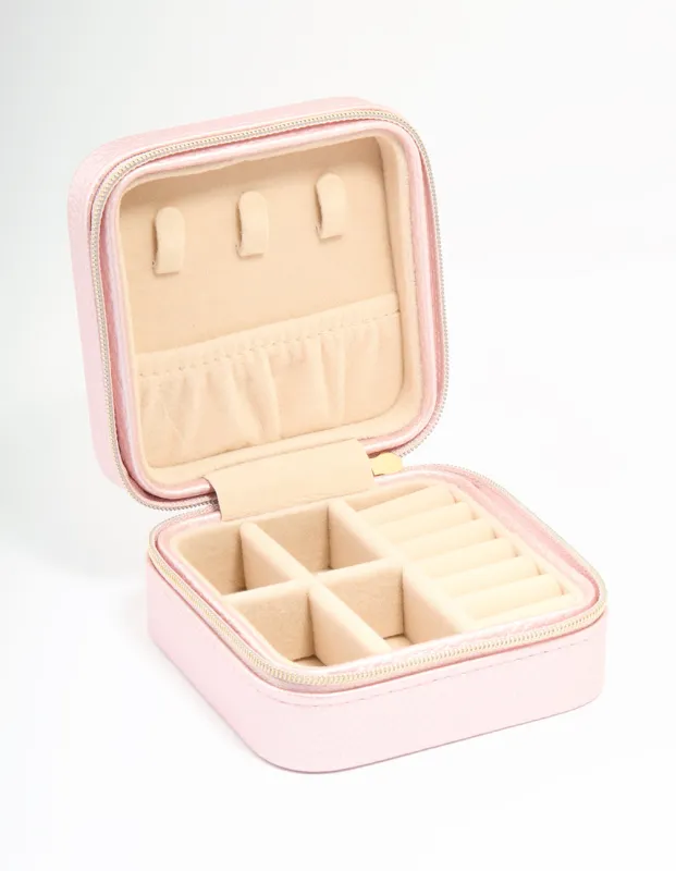 Metallic Pink PU Leather Pebbled Square Jewellery Case sold by lovisa